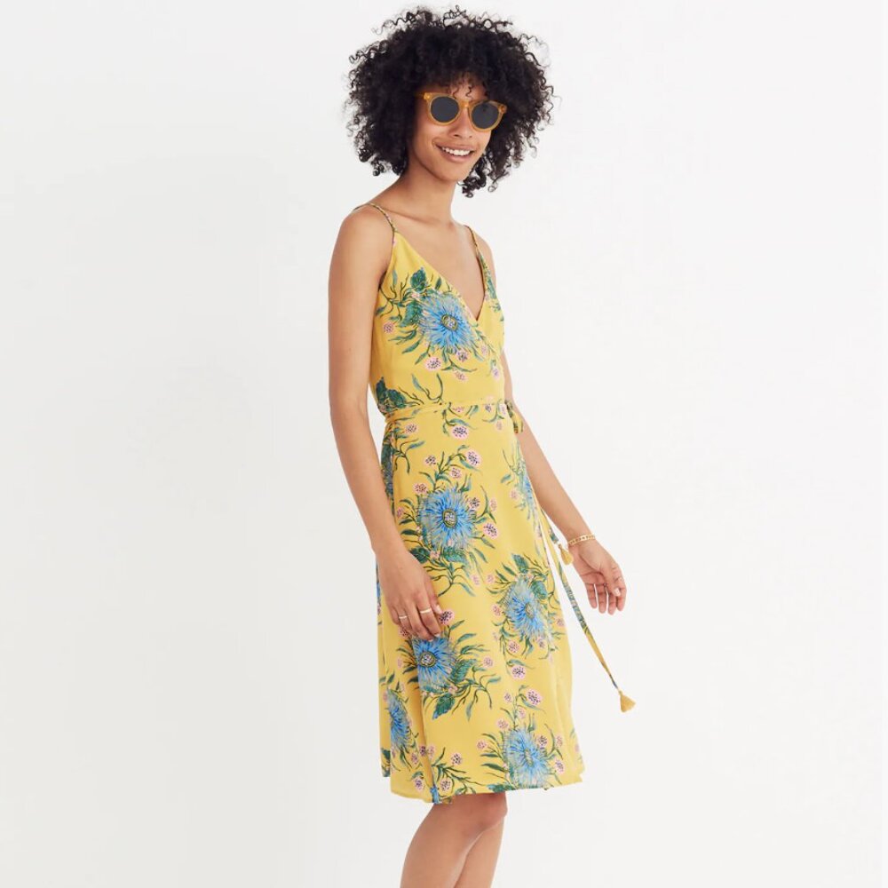 Madewell Silk Wrap Dress in Painted Blooms Van Greek‎ Gold Floral Mini Sz XXS